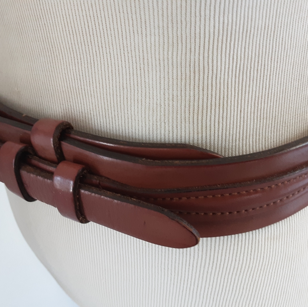 Full Grain Smooth Cowhide Double Strap Brass Buckle Thick Leather Belt Sz M -Vtg - Picture 3 of 8
